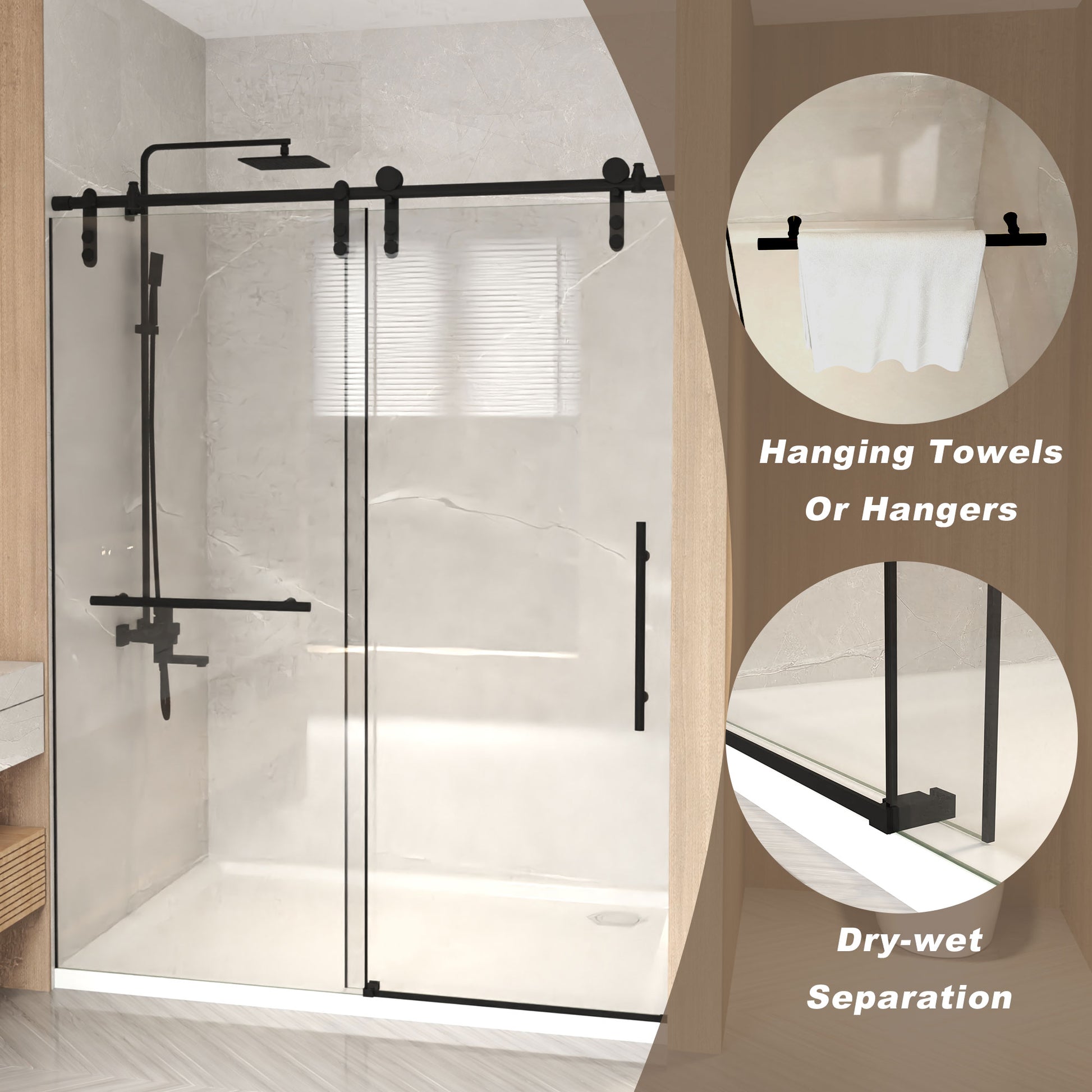 56-60" x 76" H Frameless Sliding Shower Door, 5/16" (8mm) Clear Tempered Glass, Stainless Steel Frame,Matte Black image 7