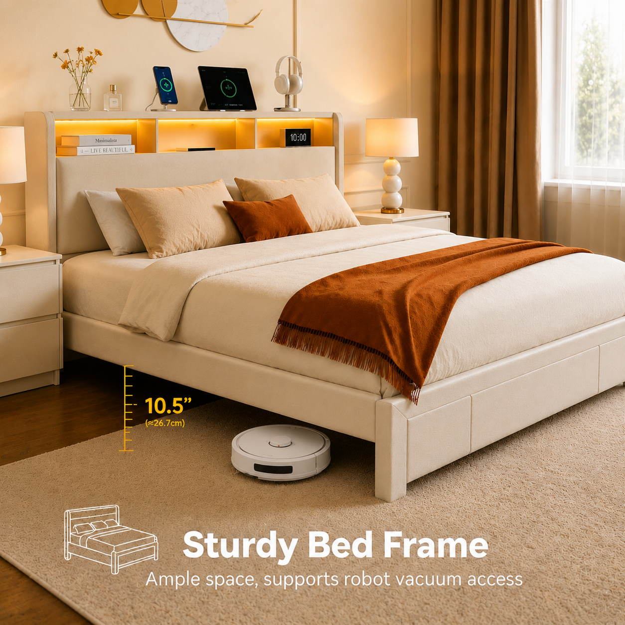 Full-size upholstered bed with drawers, featuring an upholstered storage headboard, heavy metal crossbar support, LED and USB charging, silent design, beige (mattress not included) image 7