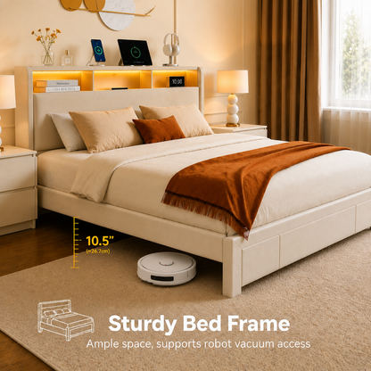 Full-size upholstered bed with drawers, featuring an upholstered storage headboard, heavy metal crossbar support, LED and USB charging, silent design, beige (mattress not included) image 7