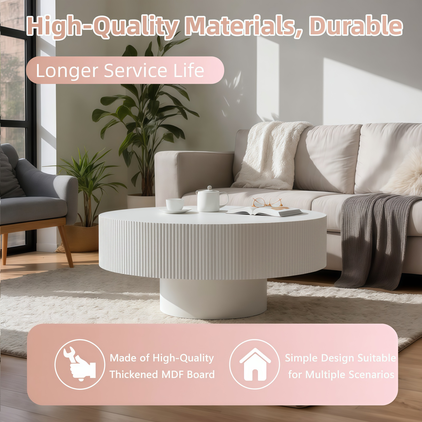 Round Coffee Table, Fluted Coffee Table with Sturdy Pedestal, Mid Century Modern Coffee Table for Living Room, Bedroom, Terrace, Office, Small Space (White Round Thick) image 8
