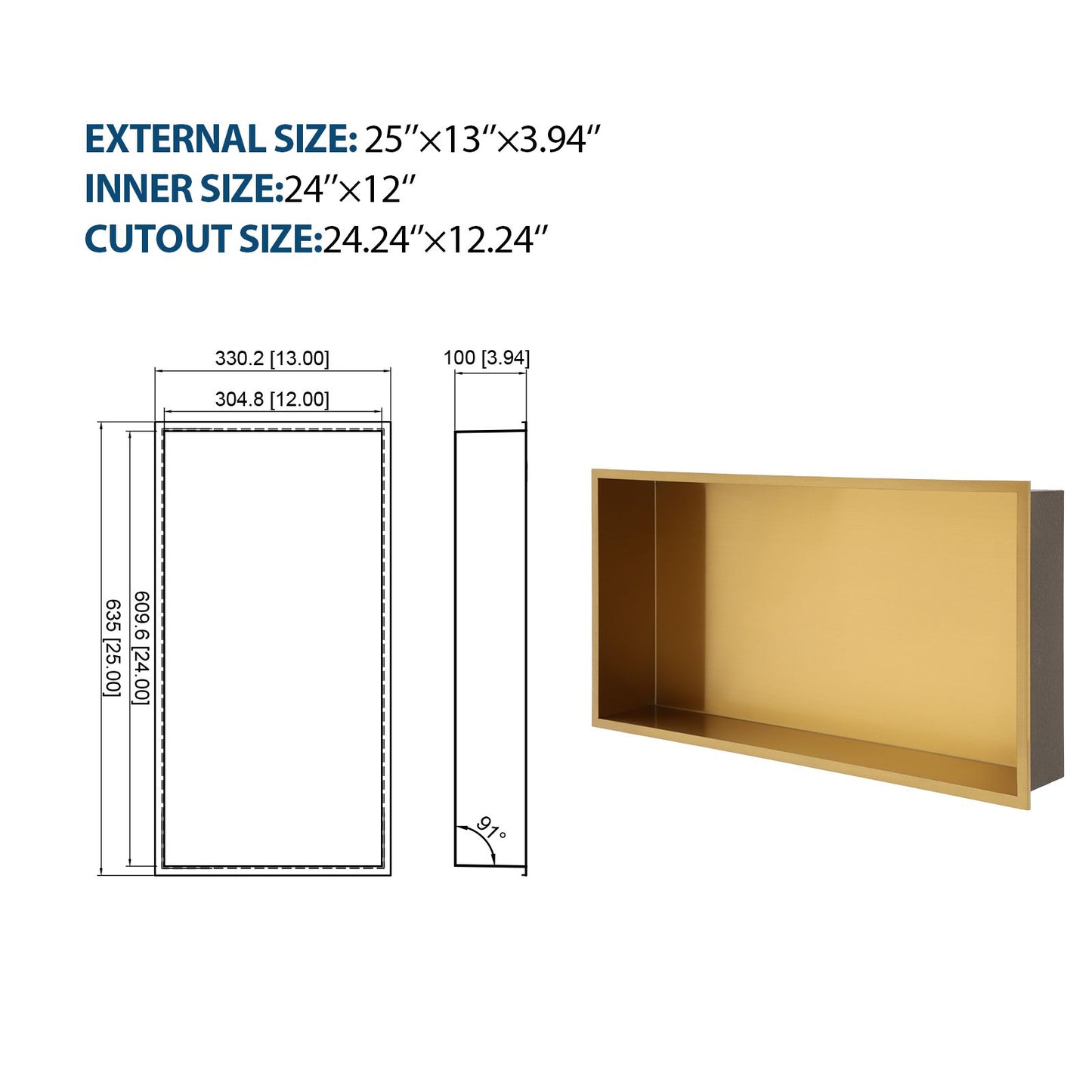 25" x 13" Stainless Steel Shower Niche, Gold image 8