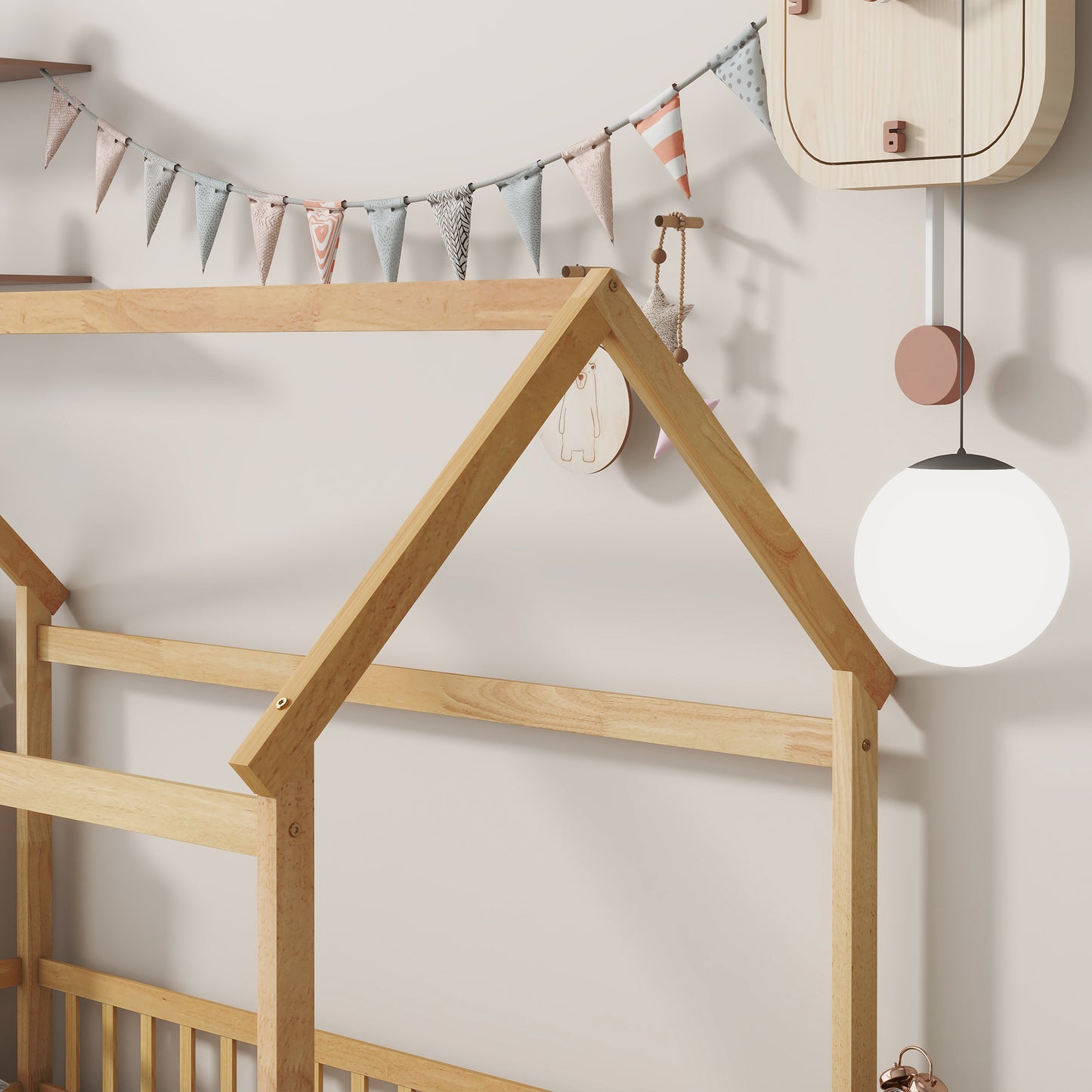 Twin Size House Floor Wooden Bed with Roof Frame,Safety Guardrails,Natural (Old Sku W504P286404) image 5