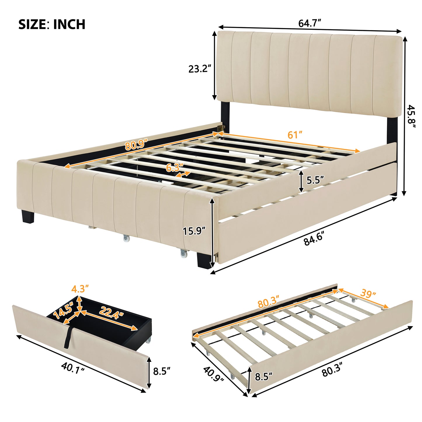 Queen Size Velvet Upholstered Platform Bed with 2 Drawers and 1 Twin XL Trundle- Beige image 10