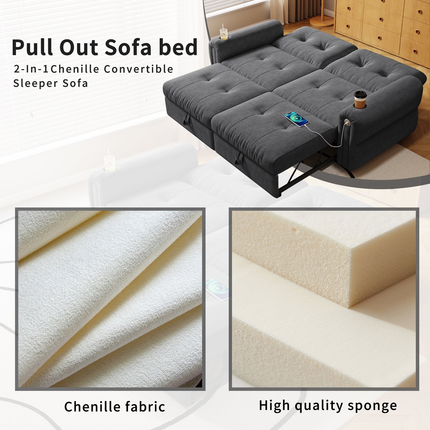 It is a multi-functional sofa, a 77-inch convertible sofa bed, and a 2-in-1 piece suitable for both sitting and lying down. Made of Chenille fabric, it is suitable for living rooms, bedrooms image 9