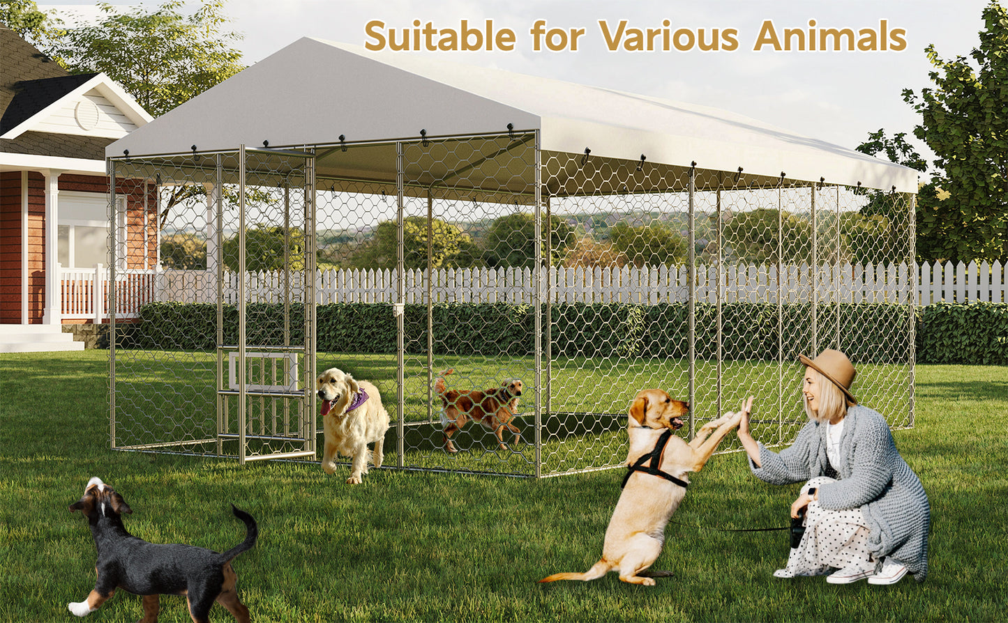 15x10 FT Large Outdoor Dog Kennel with Canopy, Heavy Duty Galvanized Steel Frame, Waterproof Cover, Built-in Elevated Feeding Bowls, Escape-Proof Lockable Pet Playpen for Large Dogs & Multiple Animal image 11