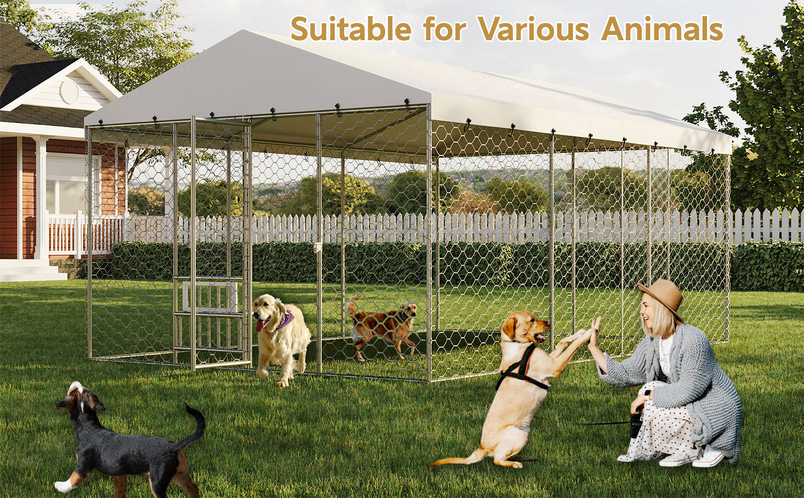 15x10 FT Large Outdoor Dog Kennel with Canopy, Heavy Duty Galvanized Steel Frame, Waterproof Cover, Built-in Elevated Feeding Bowls, Escape-Proof Lockable Pet Playpen for Large Dogs & Multiple Animal image 11