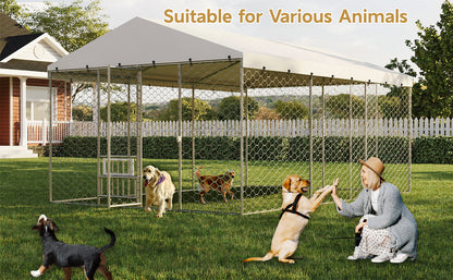 15x10 FT Large Outdoor Dog Kennel with Canopy, Heavy Duty Galvanized Steel Frame, Waterproof Cover, Built-in Elevated Feeding Bowls, Escape-Proof Lockable Pet Playpen for Large Dogs & Multiple Animal image 11