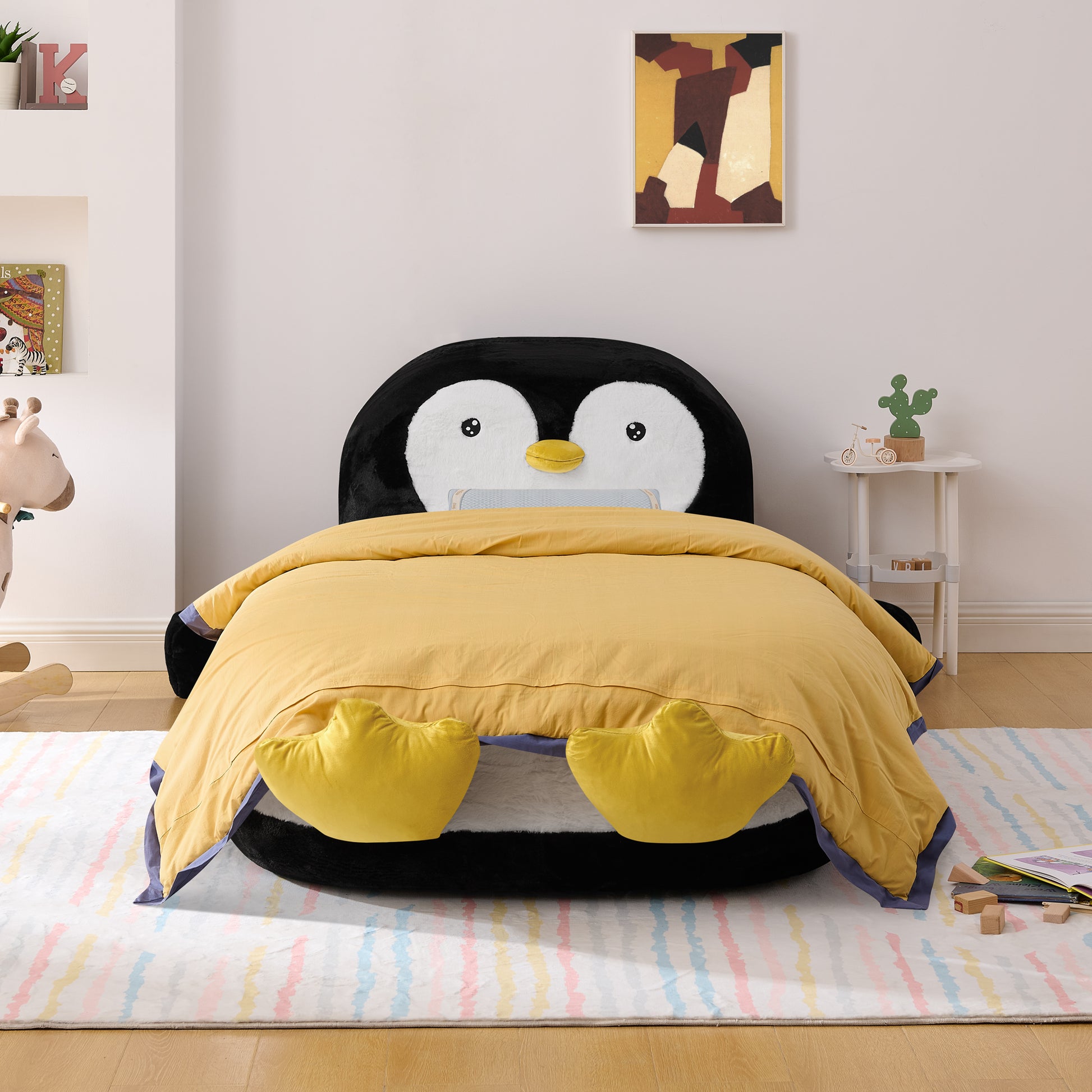 Twin Size Fluffy Faux Fur Penguin Shaped Bed Lounger Chair with 100% Sponge Filling for Kids Bedroom Playroom (88''x45''x29.5'') image 2