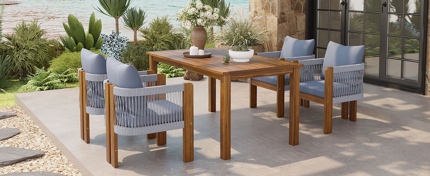 U_STYLE Luxury 5-Piece Outdoor Patio Dining Set for 4, Solid Acacia Wood Dinning Set with Rope Woven Chairs,Farmhouse Dining Furniture Set for Garden, Backyard, Poolside image 4