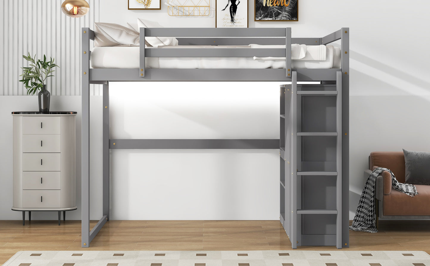 Wood Full Size Loft Bed with Built-in Wardrobe and Storage Shelves, Led light, Gray image 9