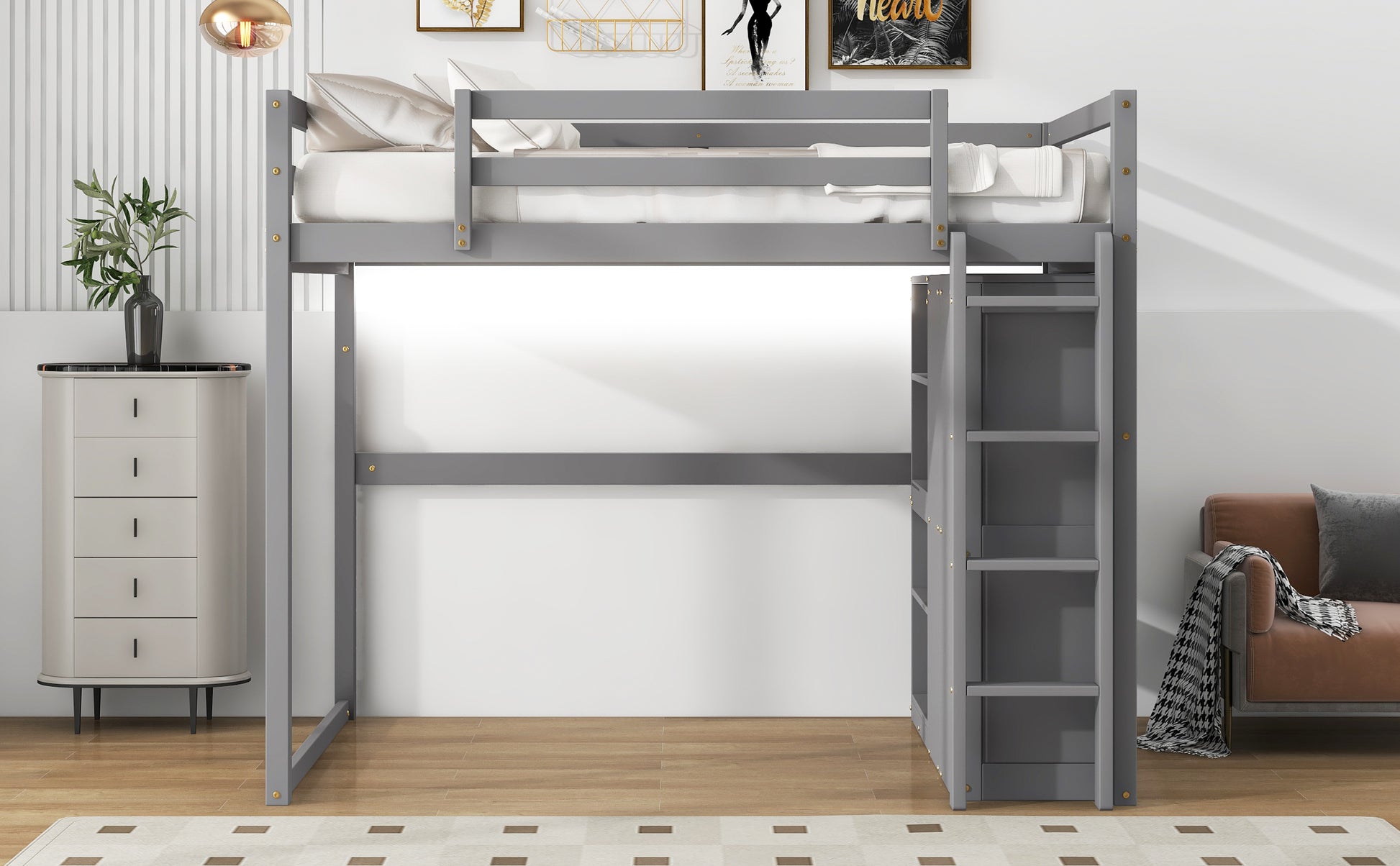 Wood Full Size Loft Bed with Built-in Wardrobe and Storage Shelves, Led light, Gray image 9