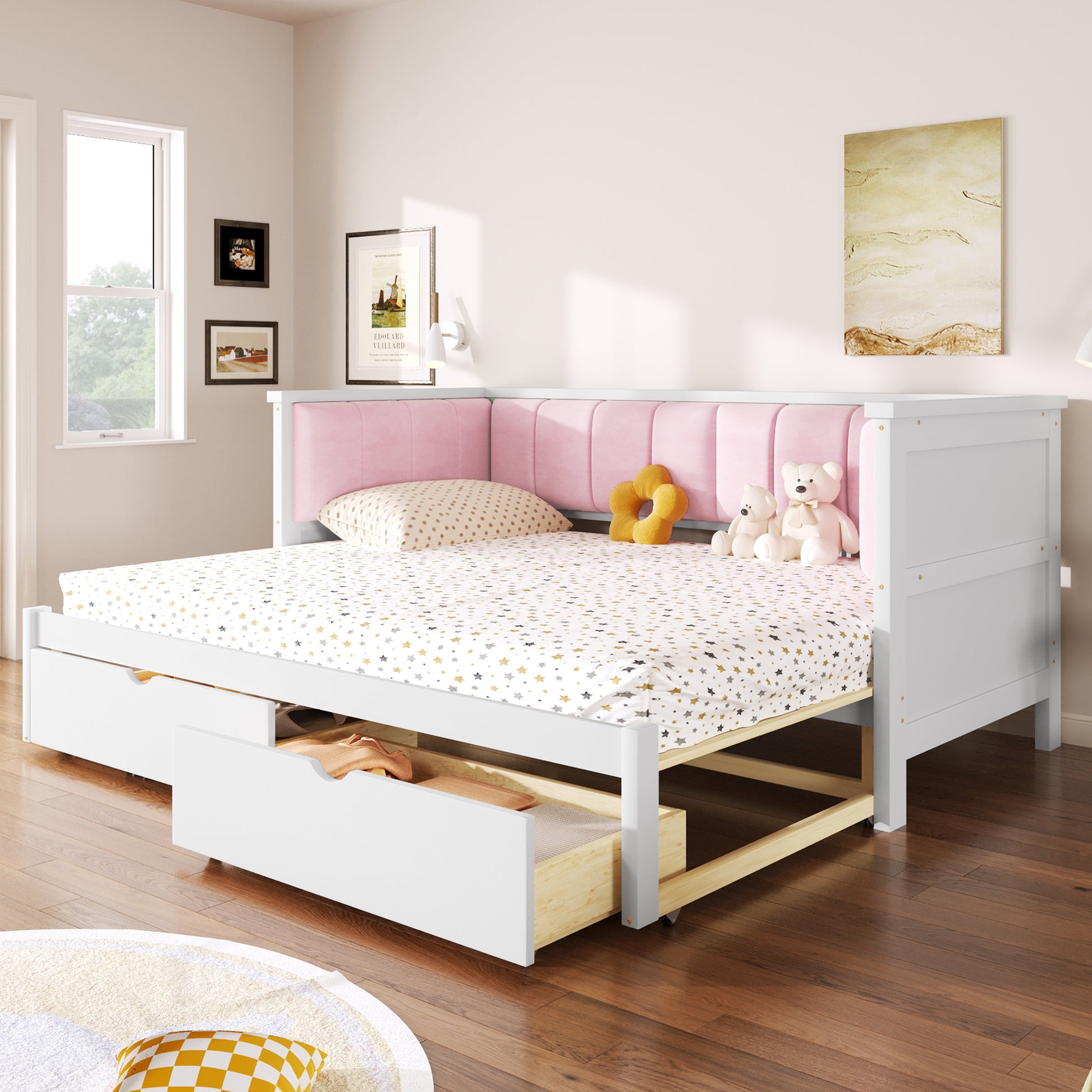 Twin XL to King Size Daybed with Two Storage Drawers and Upholstered Backrest, White+Pink image 2