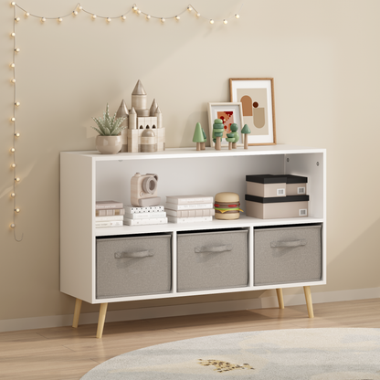 Kids bookcase with Collapsible Fabric Drawers, Children's Book Display, Toy Storage Cabinet Organizer, White/Gray image 2