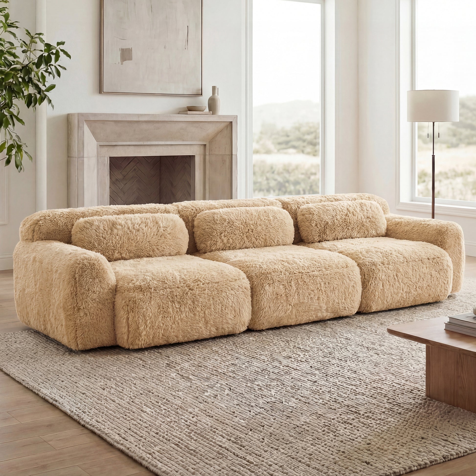 114''Soft And Fluffy Plush Fabric,Modular Sectional Sofa Couches,Ergonomic Design With Throw Pillows,Full-compression Vacuum Packaging Buckle Connection For Study,Home Theater,Light Khaki image 3