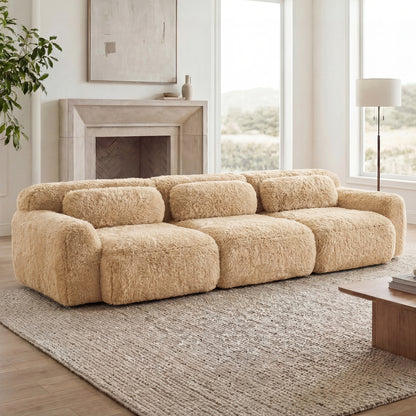 114''Soft And Fluffy Plush Fabric,Modular Sectional Sofa Couches,Ergonomic Design With Throw Pillows,Full-compression Vacuum Packaging Buckle Connection For Study,Home Theater,Light Khaki image 3