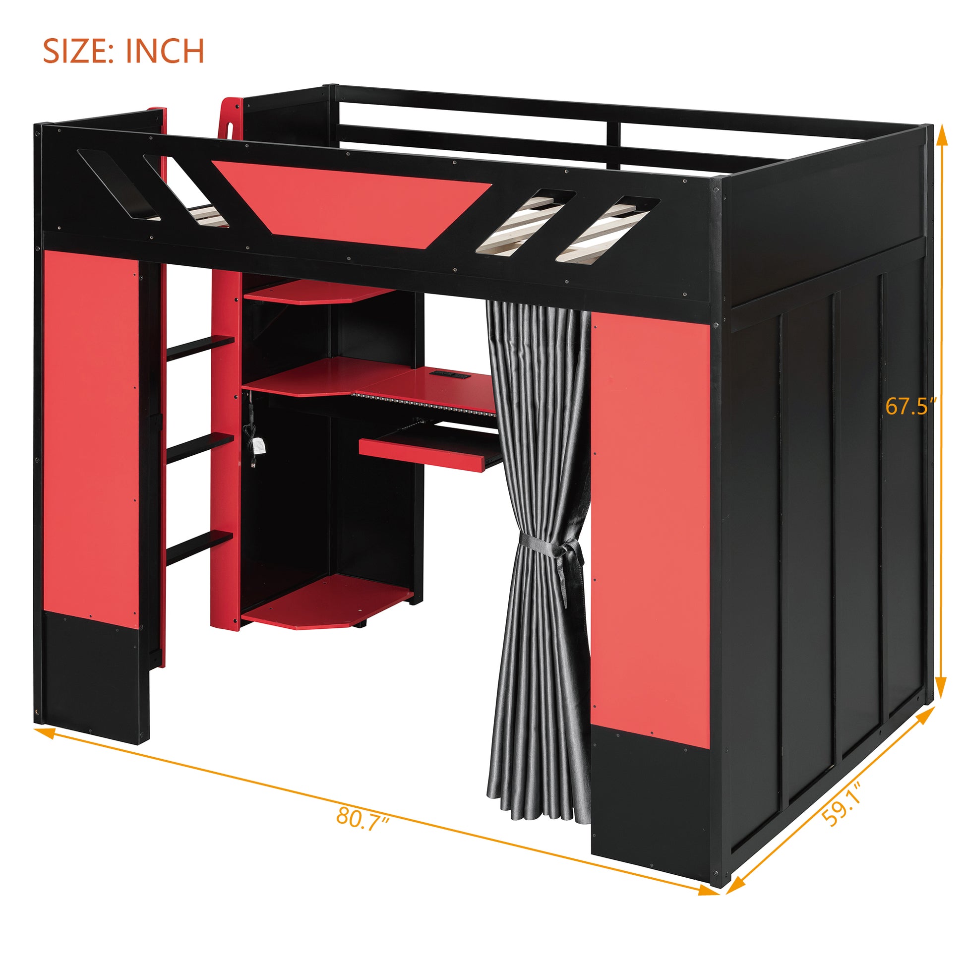 Full Size Wood Loft Bed with,Shelves,Blackout Curtains,and RGB Lights,Black+Red image 7
