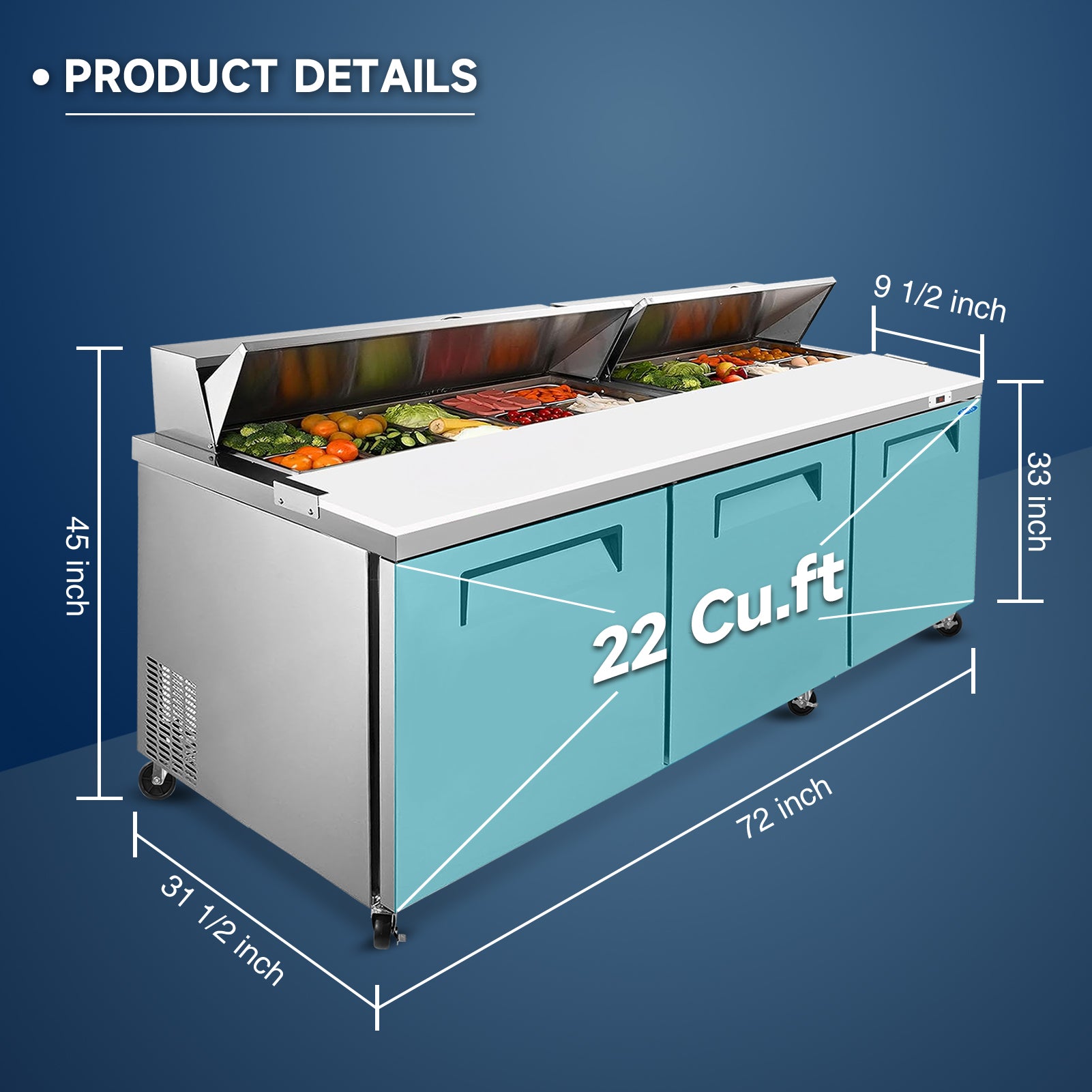 Orikool 72 IN Commercial Refrigerators Sandwich&Salad Prep Table with a Butcher Block Cutting Board, Protection Lid, Cold Storage, ETL Certified image 3