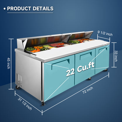 Orikool 72 IN Commercial Refrigerators Sandwich&Salad Prep Table with a Butcher Block Cutting Board, Protection Lid, Cold Storage, ETL Certified image 3