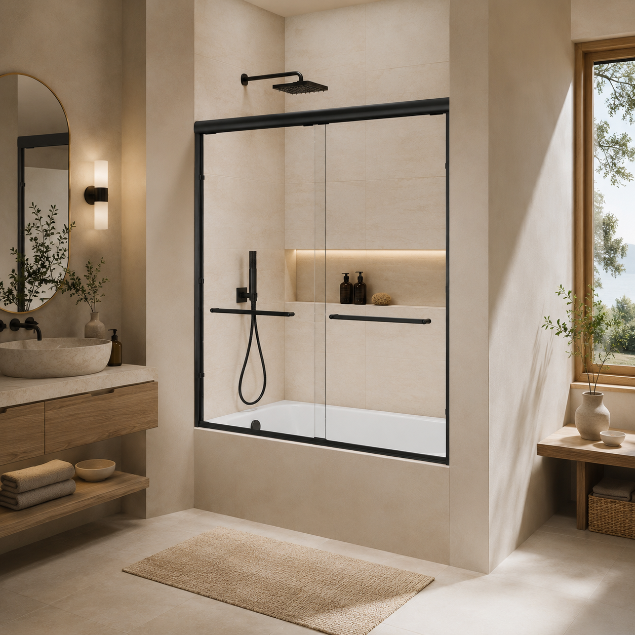 56-60" W x 57" H Framed Double Sliding Bathtub Door, 1/4" (6mm) Clear Tempered Glass with Safety Film and Nano Coating, Waterproof Seals, Matte Black image 6