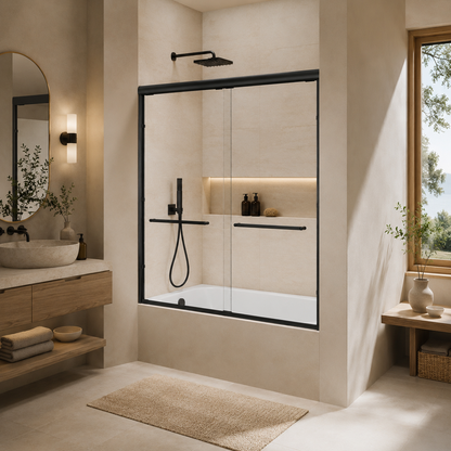 56-60" W x 57" H Framed Double Sliding Bathtub Door, 1/4" (6mm) Clear Tempered Glass with Safety Film and Nano Coating, Waterproof Seals, Matte Black image 6