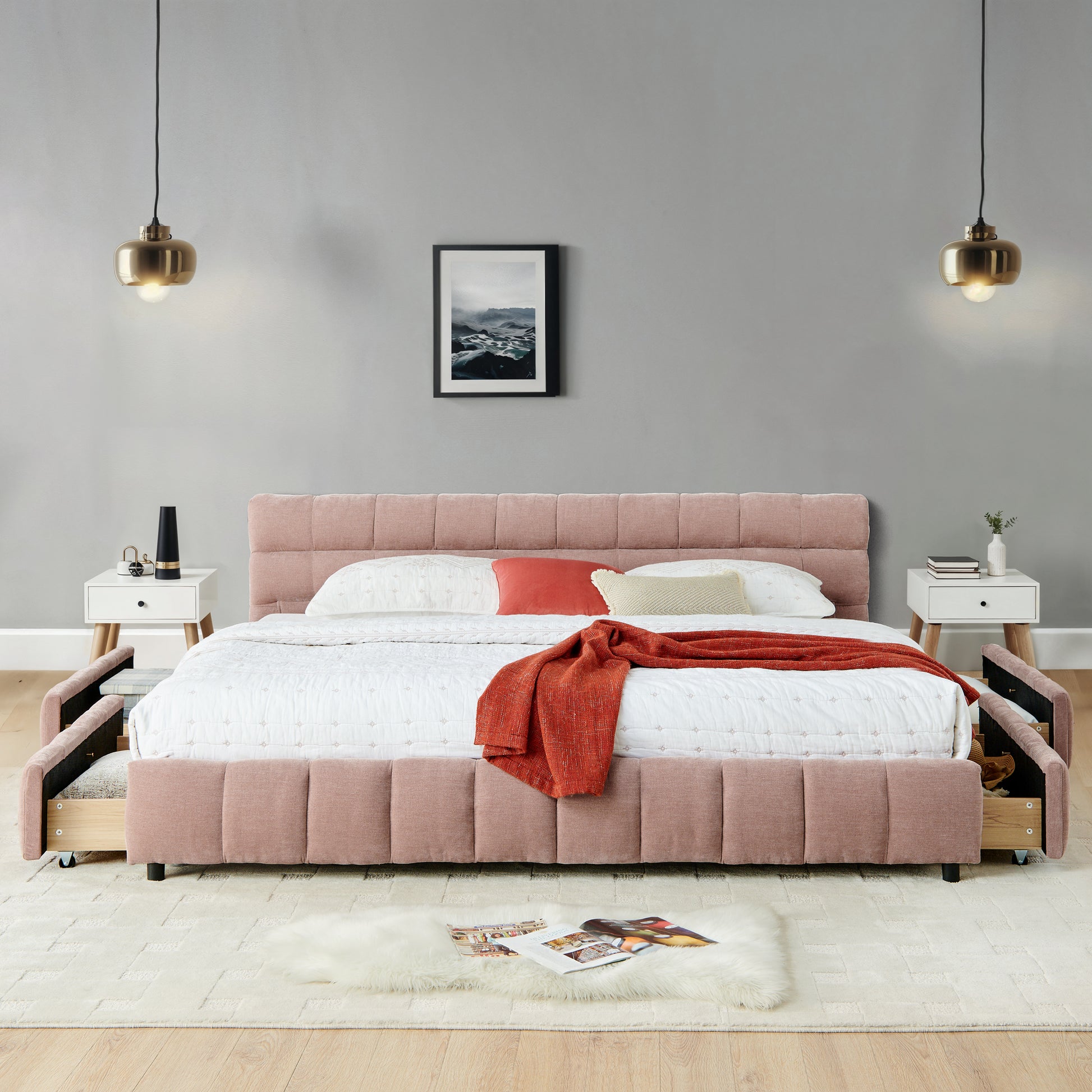 California King size Upholstered Bed,comfortable upholstered bed frame, Chenille fabric, with headboard and solid bed frame. With drawer for storage.-Pink(90.5''*80.5''*31'') image 3