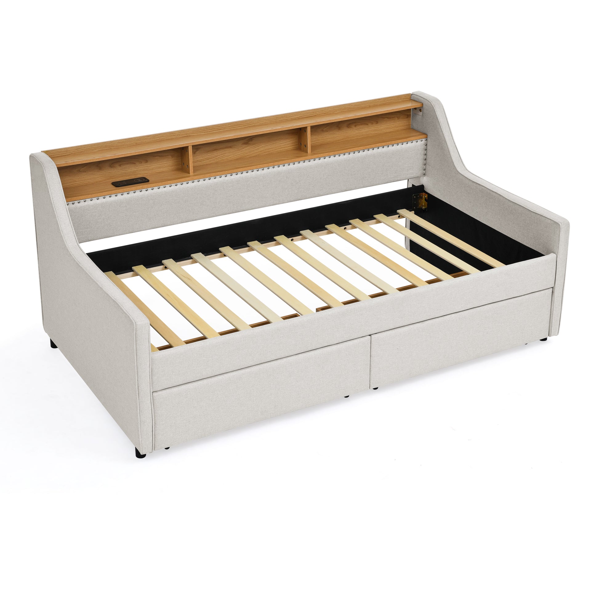 Twin Size Upholstery Sofa Bed with Three LED lights, with Storage Adjustable Headboard, with Two Storage Pull Up drawers and Wireless Charging, Linen Padded Sofa Bed frame, Beige image 7
