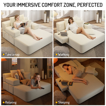 Luxurious Plush Corduroy Chaise Lounge with 3 Pillows, Convertible Sofa Bed with Storage Pocket, Frameless Design & Compression Foam for Small Spaces, Living Room, Apartment,Beige&White image 9