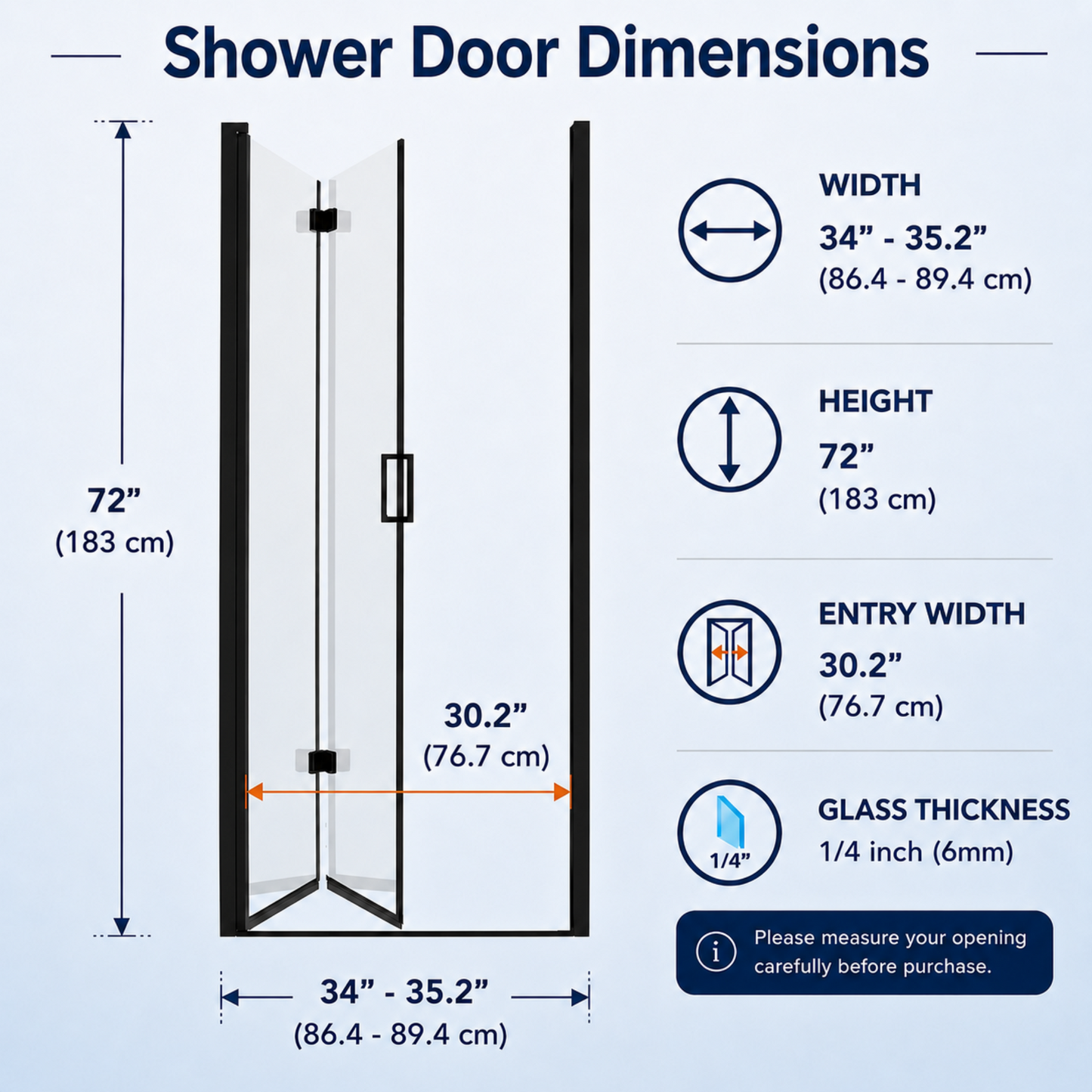 Semi-Frameless Folding Pivot Hinged Shower Door 34-35.2 in. W x 72 in. H,1/4" (6mm) Tempered Glass,Bathroom Bifold Panel, Reversible Installation,Matte Black image 2