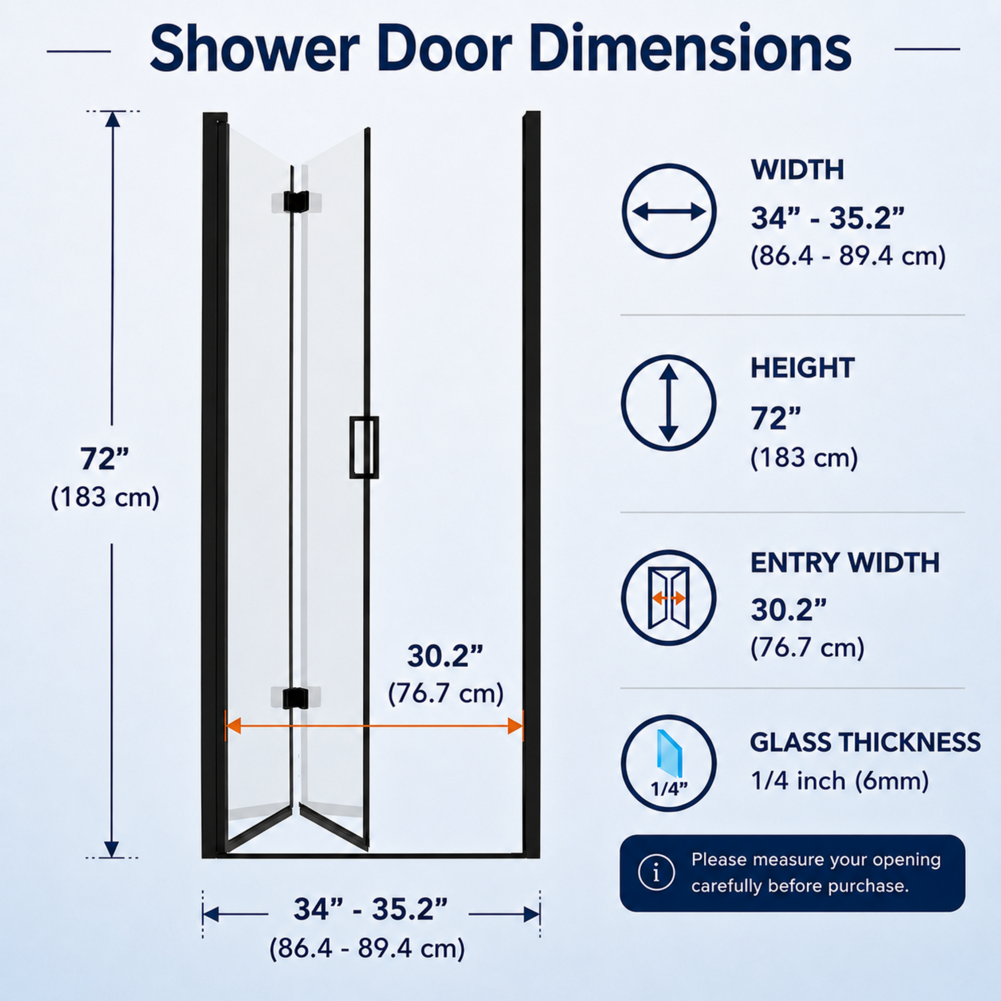 Semi-Frameless Folding Pivot Hinged Shower Door 34-35.2 in. W x 72 in. H,1/4" (6mm) Tempered Glass,Bathroom Bifold Panel, Reversible Installation,Matte Black image 2