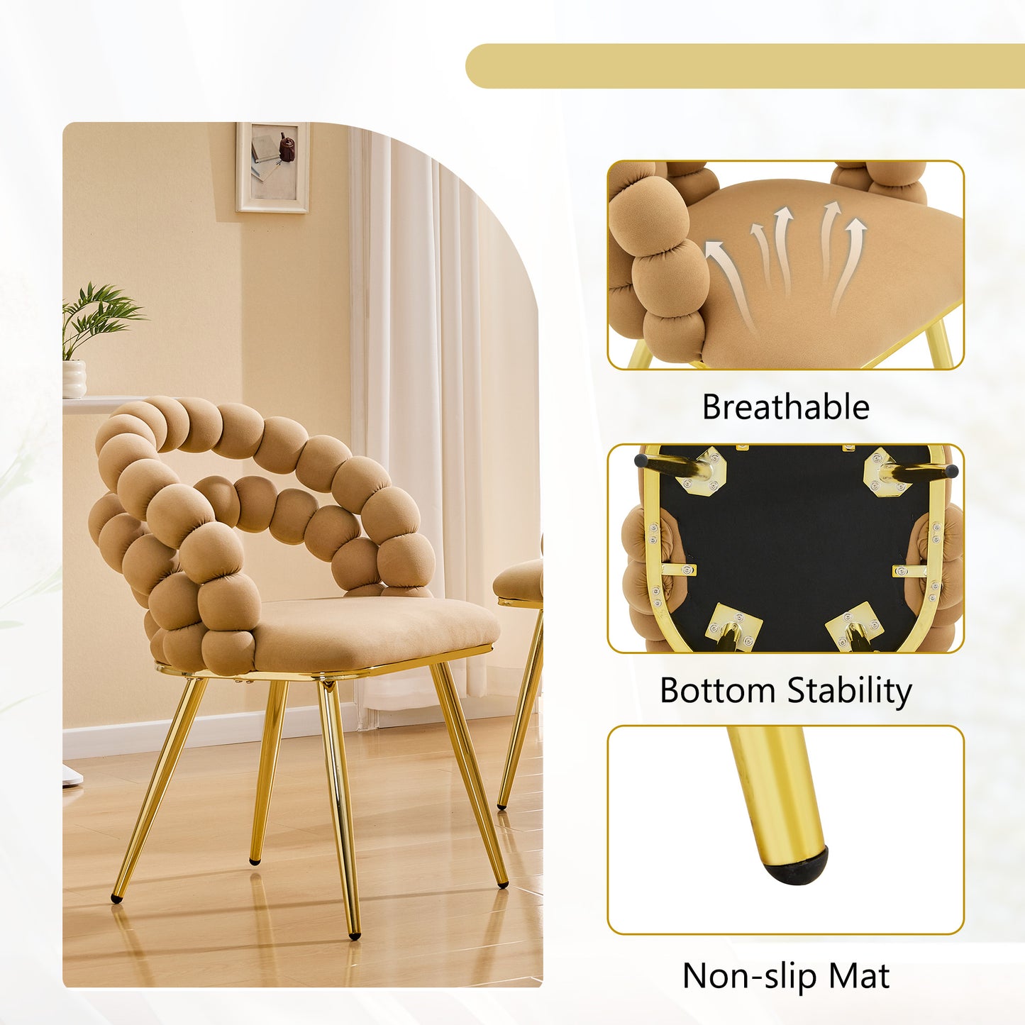 Set of 2 Modern Velvet Dining Chair with Bubble Back, Accent Chair with Gold Metal Legs, Upholstered Vanity Chair for Dining Room, Living Room, Bedroom, Brown & Gold image 10