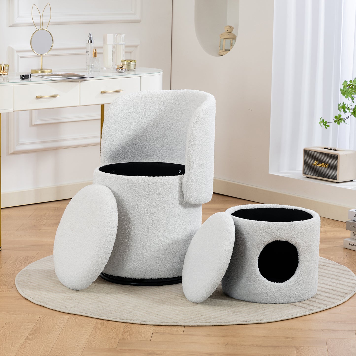 Stylish Upholstered Barrel Chair: 360° Swivel Vanity Stool for Bedroom & Dining Chair, Built-in Storage, Soft Padded Accent Seat, Multi-Functional for Dressing/Dining, Free Cat Bed Stool Included, image 12