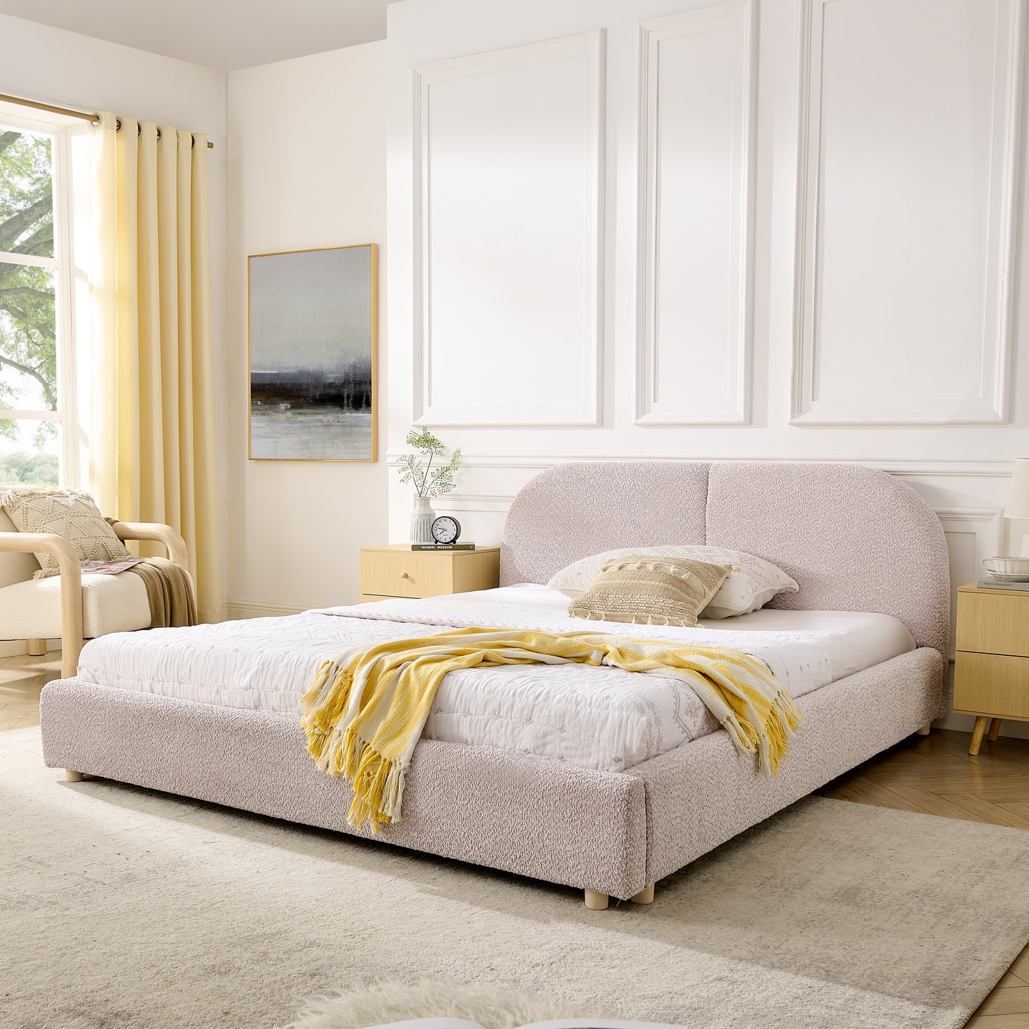 Queen Size Upholstered Bed Frame, Modern Minimalist Style with Tall Curved Headboard, Premium Circle Yarn Fabric & Sturdy Leg Support, Mattress Not Included-Pink image 1