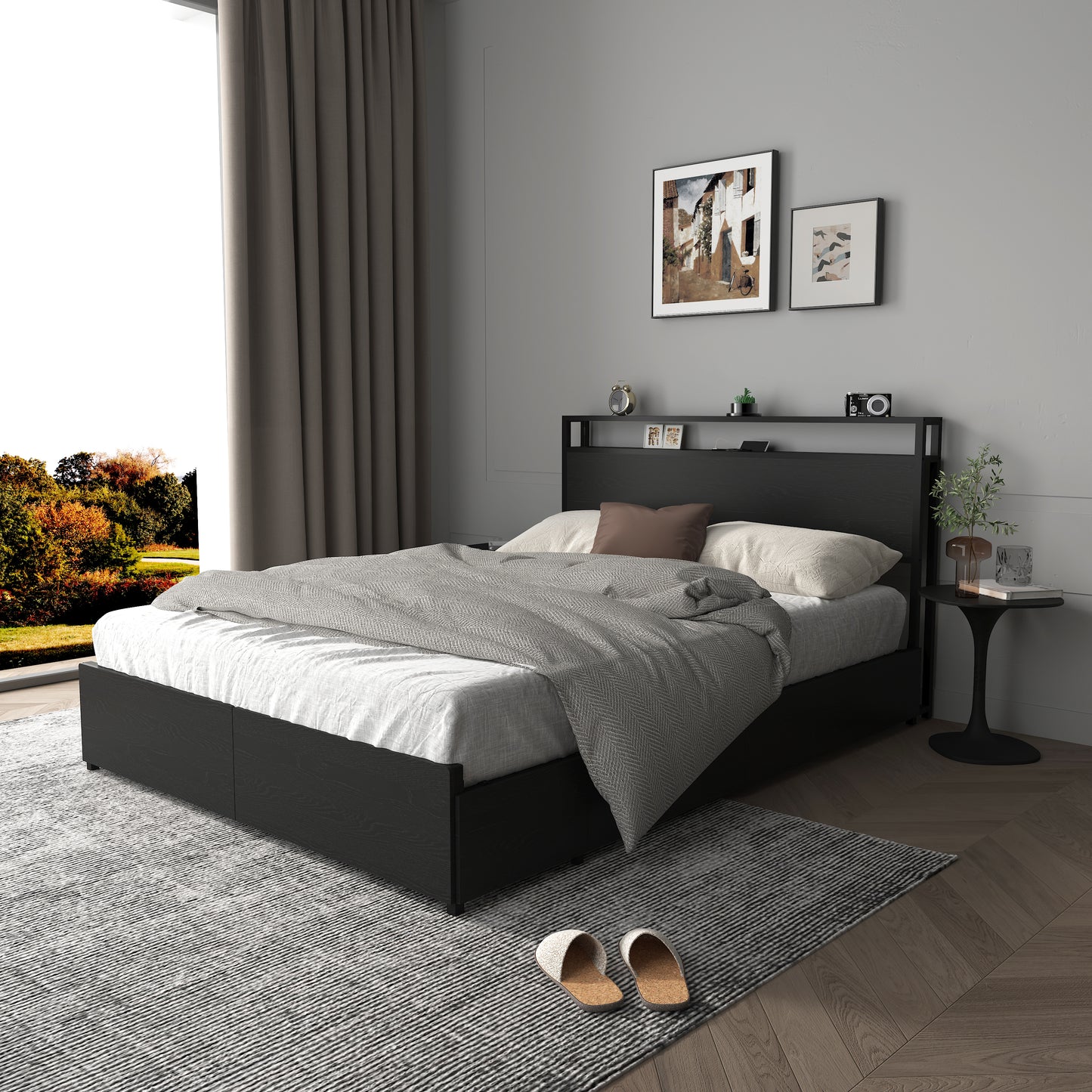 Full Bed Frame, Storage Headboard with Charging Station, Solid and Stable, Noise Free, No Box Spring Needed, Easy Assembly image 3