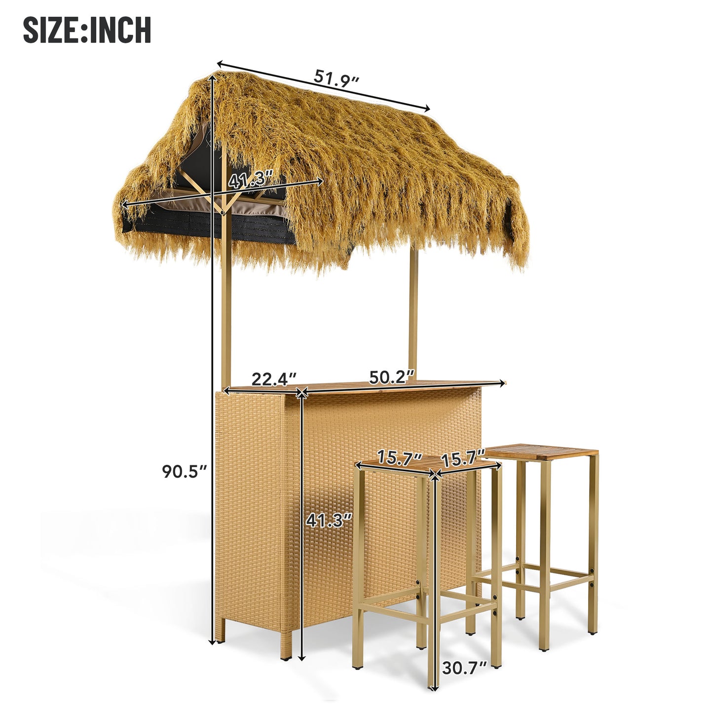 GO Hawaiian-style Bar Height Patio Set with PE Grass Canopy, Outdoor Bar Table and Stools with Adjustable Feet, Acacia Wood Top, for Dining and Drinking, Natural image 7