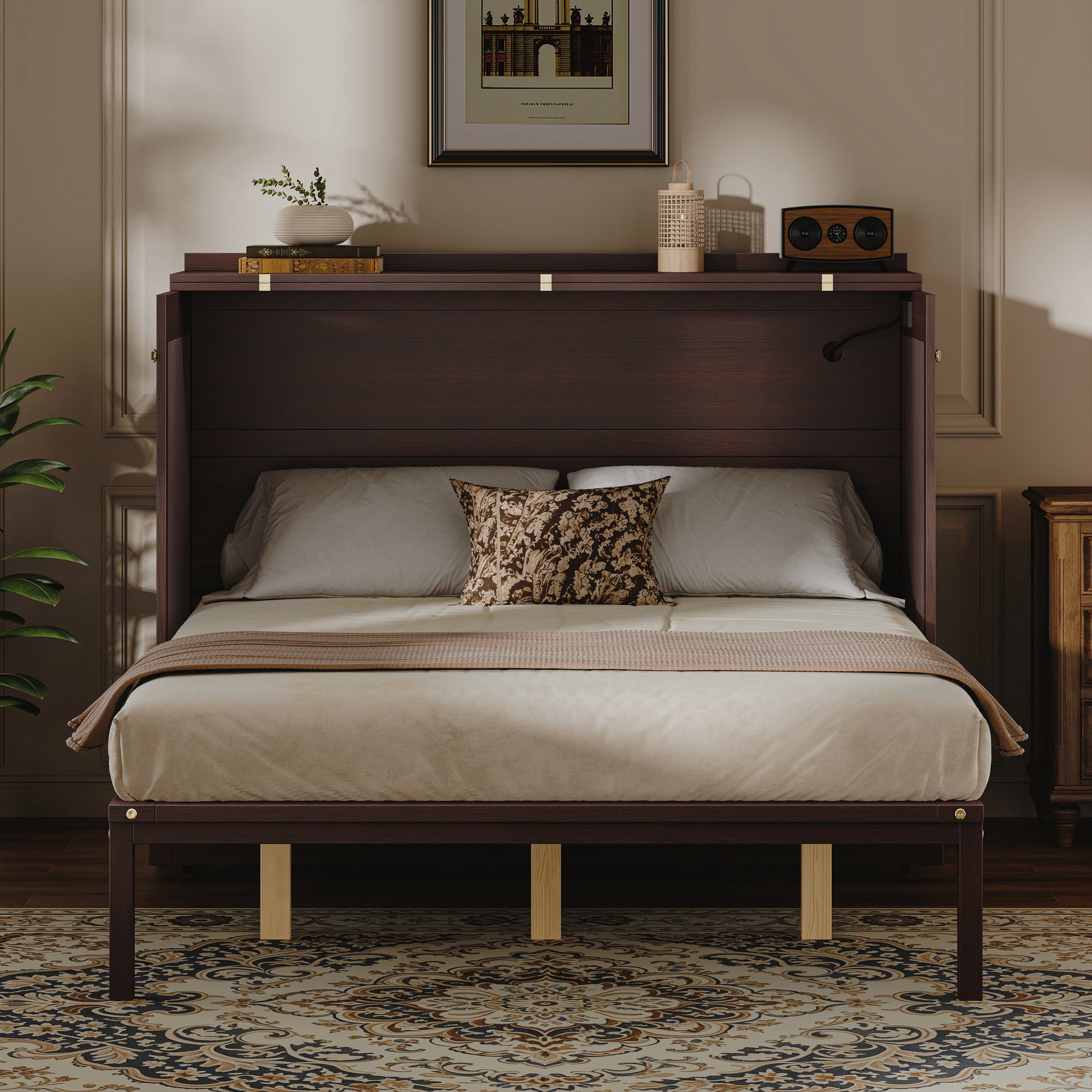 Multifunctional Murphy Bed Cabinet with USB Charging Station, Queen Size Vertical Foldaway Bed with Drawers, Space Saving Hidden Wall Bed with Safety Lock & Anti-Tip Device, Coffee. image 2