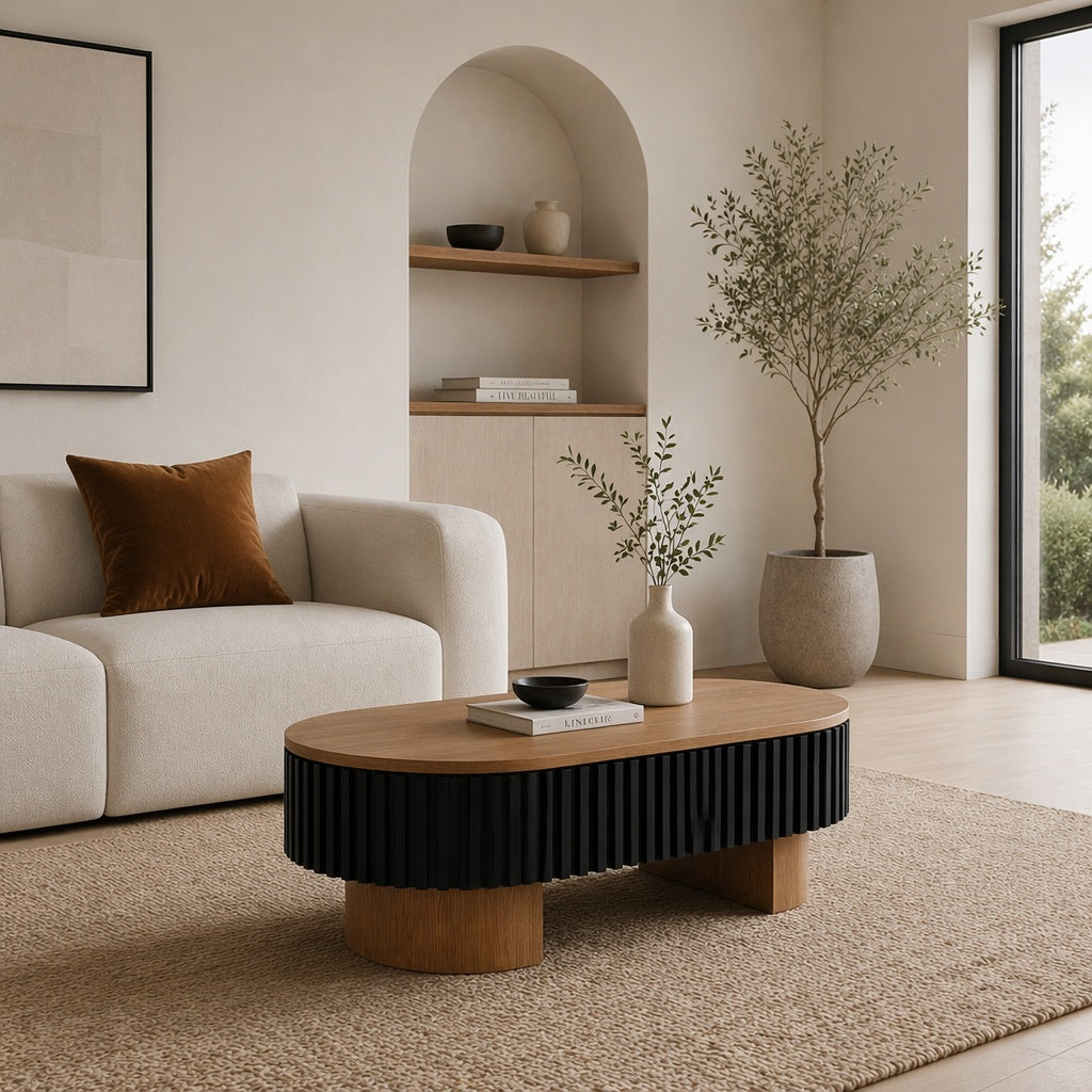 43.7" Oval Coffee Table With Hidden Storage,Fluted Modern Minimalist Wood Coffee Table for Living Room, Oval Center Table, Walnut + Black. image 2