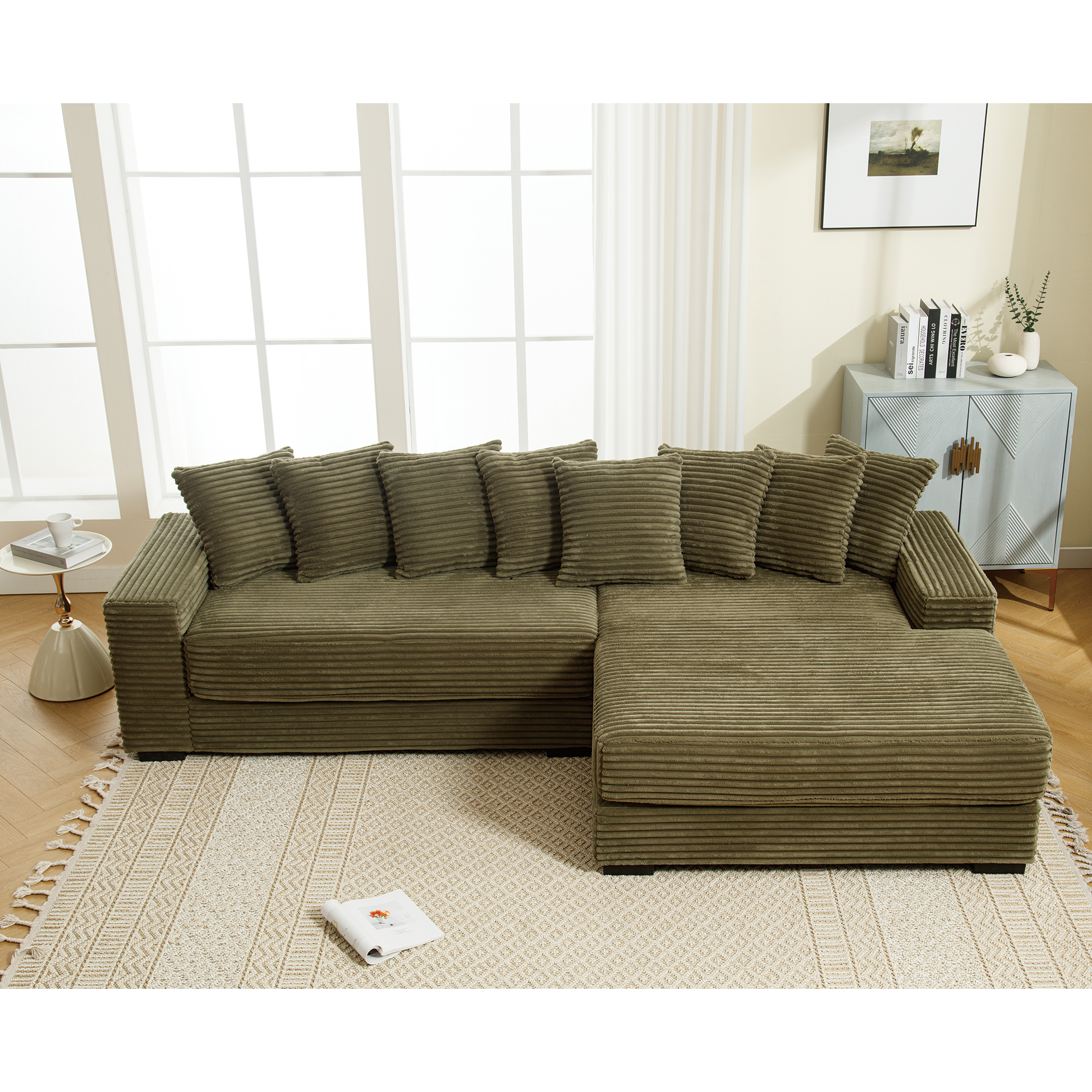 [NEW ARRIVED] [VIDEO PROVIDED] Oversized Two-Piece Couches, L Shaped Sofa, Corduroy, Right Chaise Daybed,with Armrests,Eight Throw Pillows,Corner Sofa,Easy To Assemble, Green image 5