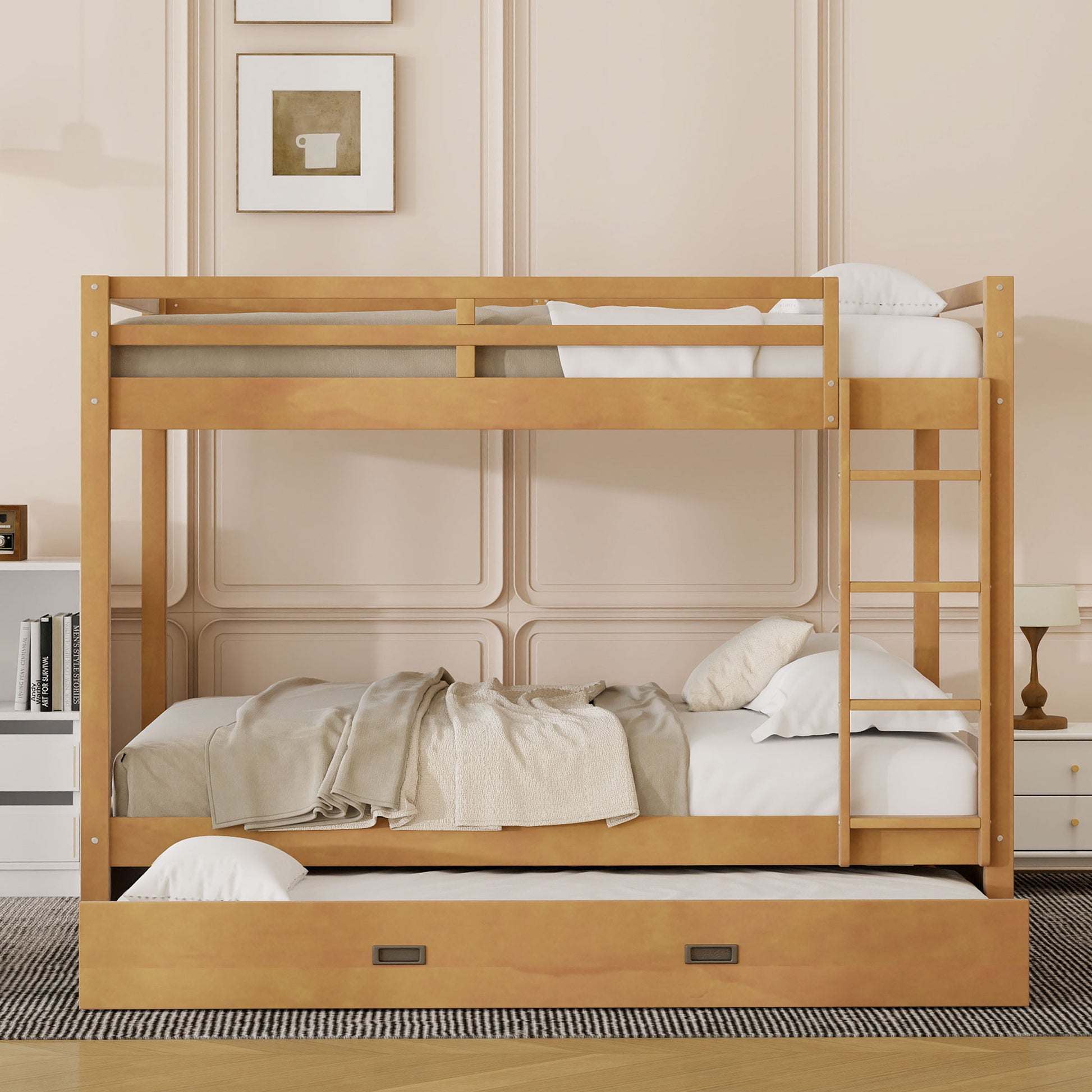 Wood Queen Size Bunk Bed with Ladder and Trundle, Wood Color image 3