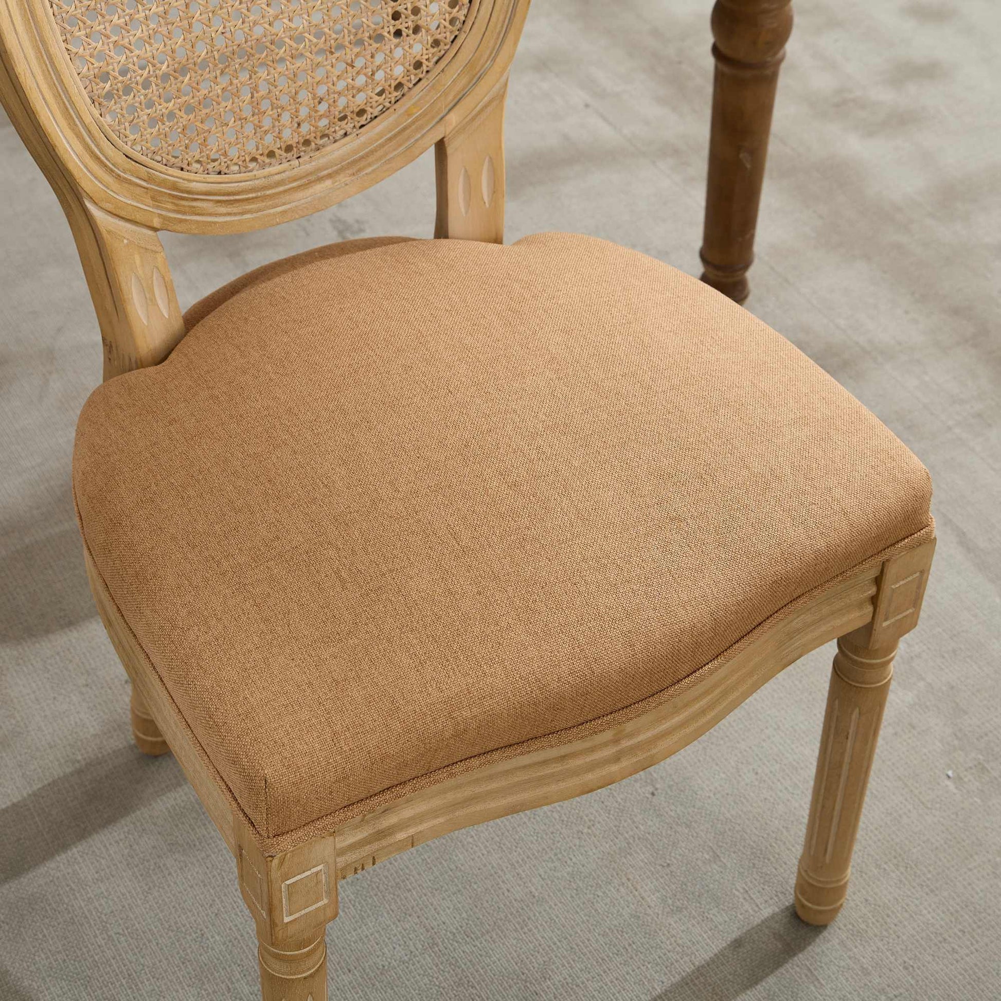 A&A Furniture,French Style Solid Wood Frame Antique Painting Linen Fabric Rattan Back Dining Chair,Set of 2,Tan image 11
