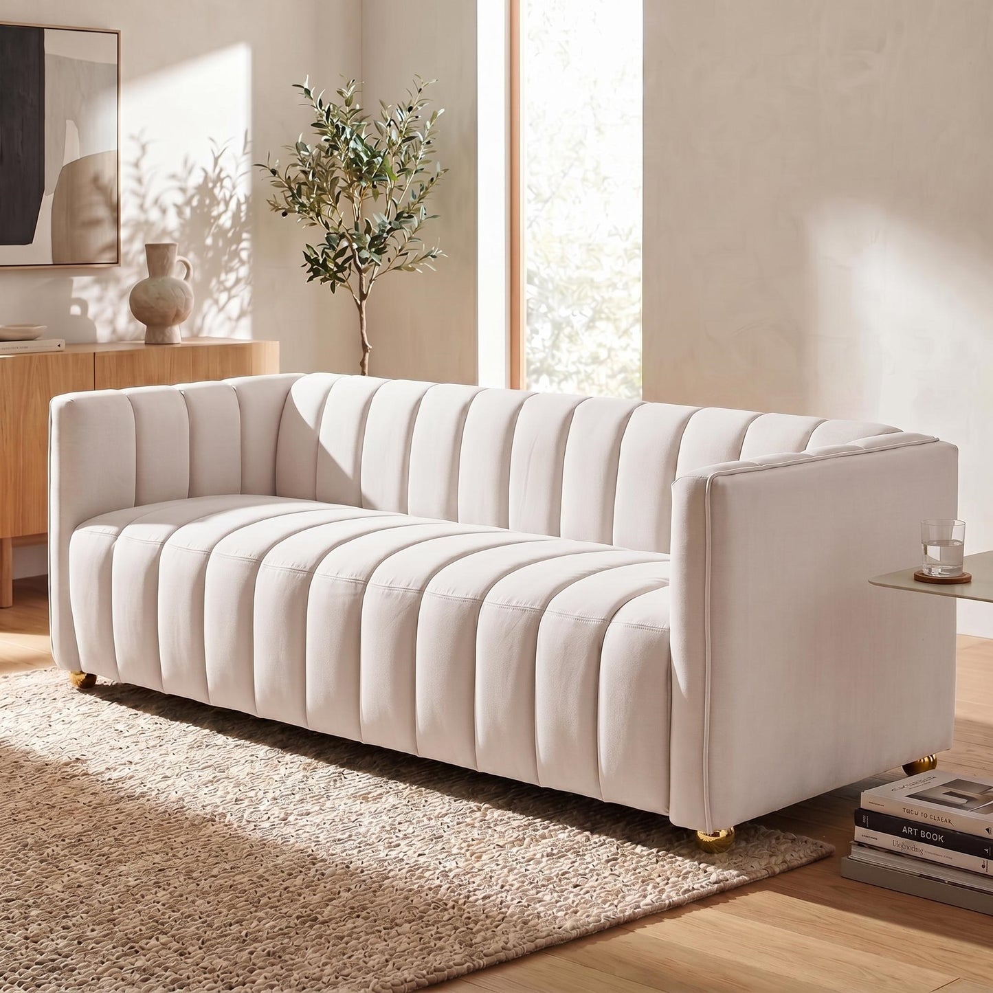 Modern Glam Vertical Channel Tuft Sofa, 82.7" Wide Leather Look Fabric Couch with Continuous Seat, Sturdy Wood Frame Comfort Cushioned Sofa for Apartment Lounge image 9
