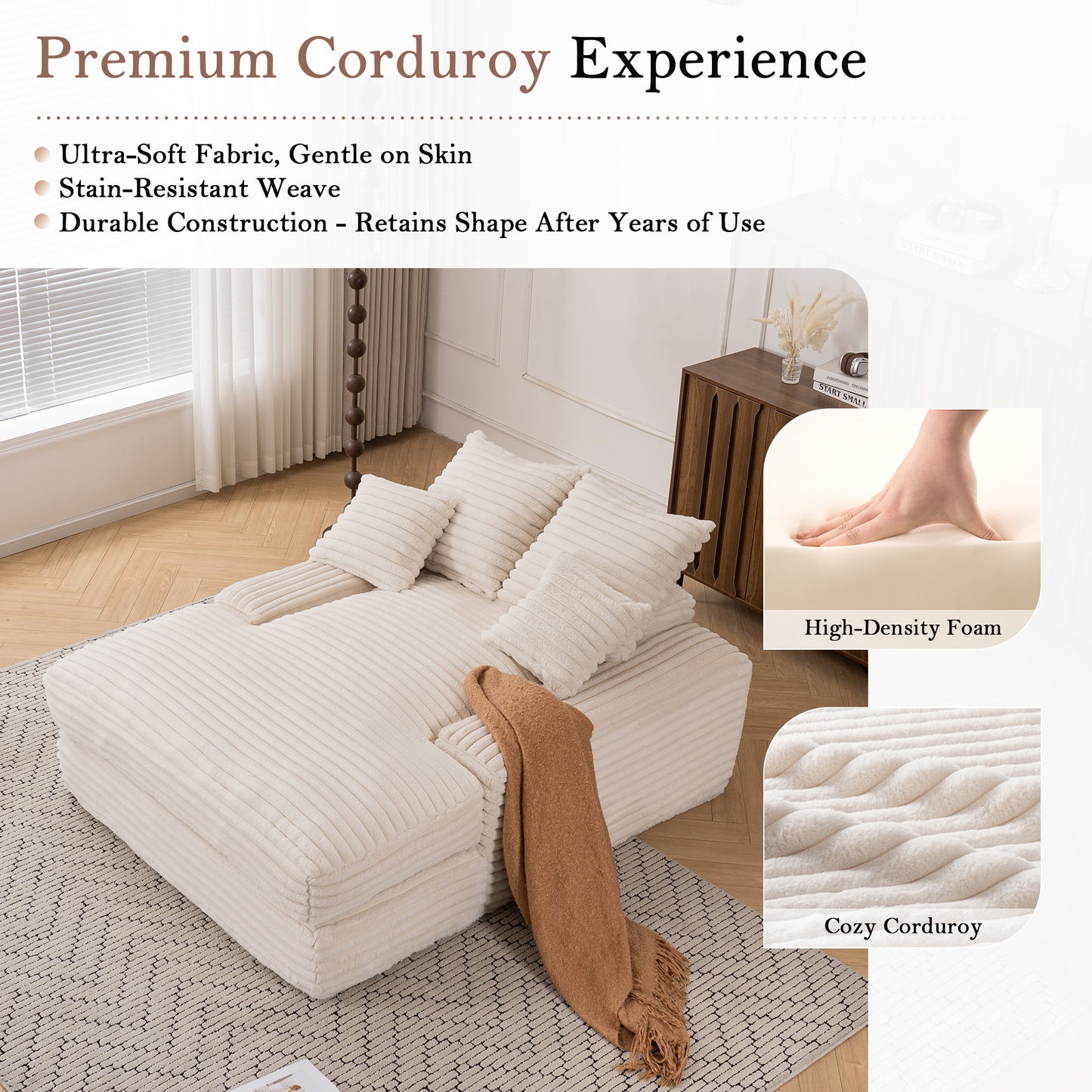 012-Luxury Corduroy Convertible Chaise Lounge with 4 Pillows, Ultra-Soft Sofa Bed No Assembly Required, Instant Setup Lounge Chair Bed for Living Room, Apartment & Small Spaces, Beige image 5