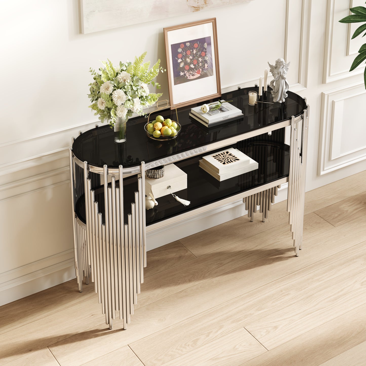 Luxury Silver Console Table with 2-Tier Black Tempered Glass Shelves, Modern Oval Entryway Table for Hallway & Living Room, Polished Stainless Steel Frame, 47" x 15.7" x 31.5" image 3
