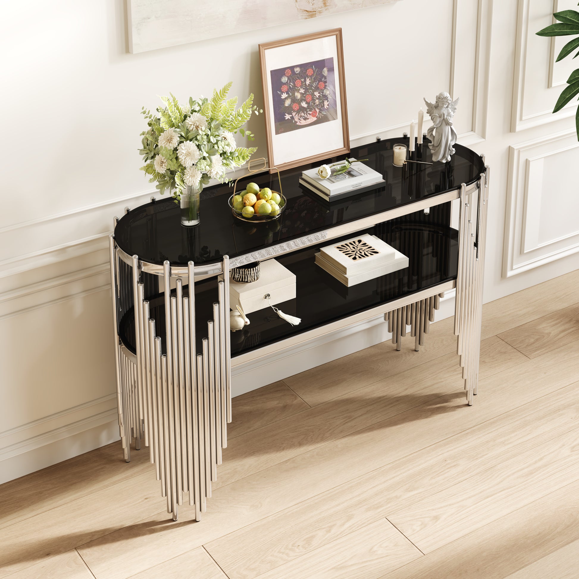 Luxury Silver Console Table with 2-Tier Black Tempered Glass Shelves, Modern Oval Entryway Table for Hallway & Living Room, Polished Stainless Steel Frame, 47" x 15.7" x 31.5" image 3