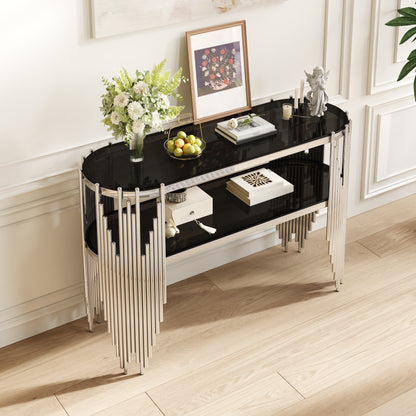 Luxury Silver Console Table with 2-Tier Black Tempered Glass Shelves, Modern Oval Entryway Table for Hallway & Living Room, Polished Stainless Steel Frame, 47" x 15.7" x 31.5" image 3
