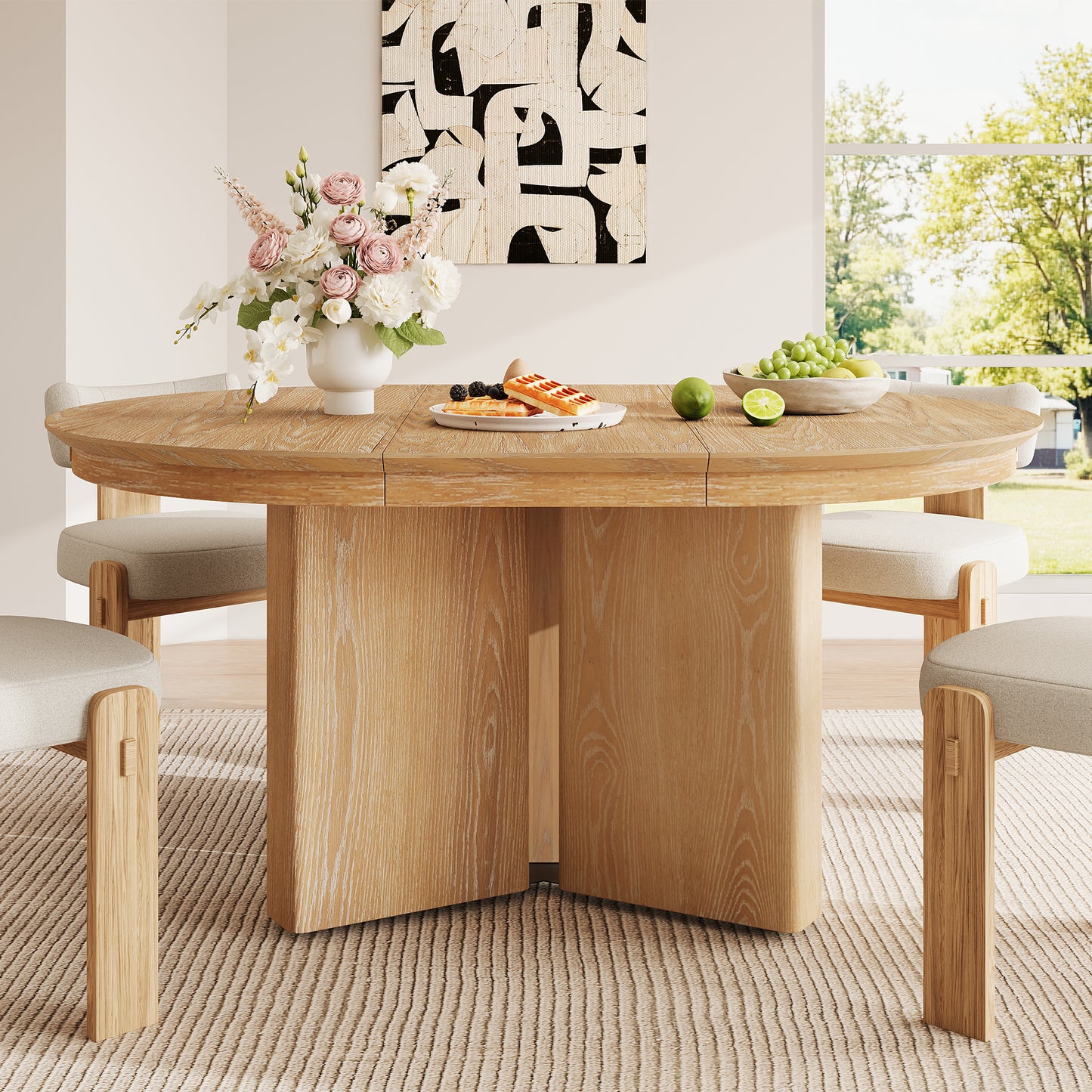 TREXM Oval Extendable Dining Table, Modern Farmhouse Kitchen Table with Pedestal Base and Adjustable Foot Pads for Dining Room, Kitchen (Natural) image 6