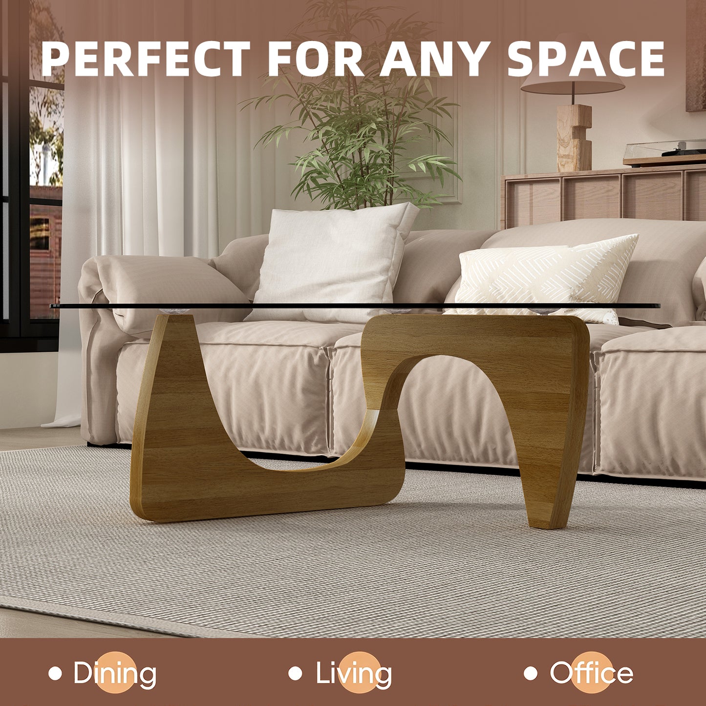 Modern Glass Coffee Table, 32.3" x 23" x 16" Mid Century Modern Coffee Table, Sleek Coffee Tables, Suitable for Bedroom Living Room Reception Office Tables,Walnut image 5