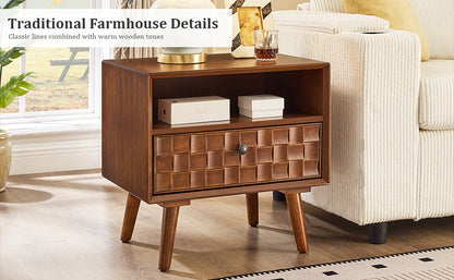 22" Mid-Century Modern Wood Nightstand with Carved Geometric Drawer Front, 1 Drawer and Open Shelf, Solid Wood Legs, Bedside Table for Bedroom image 5