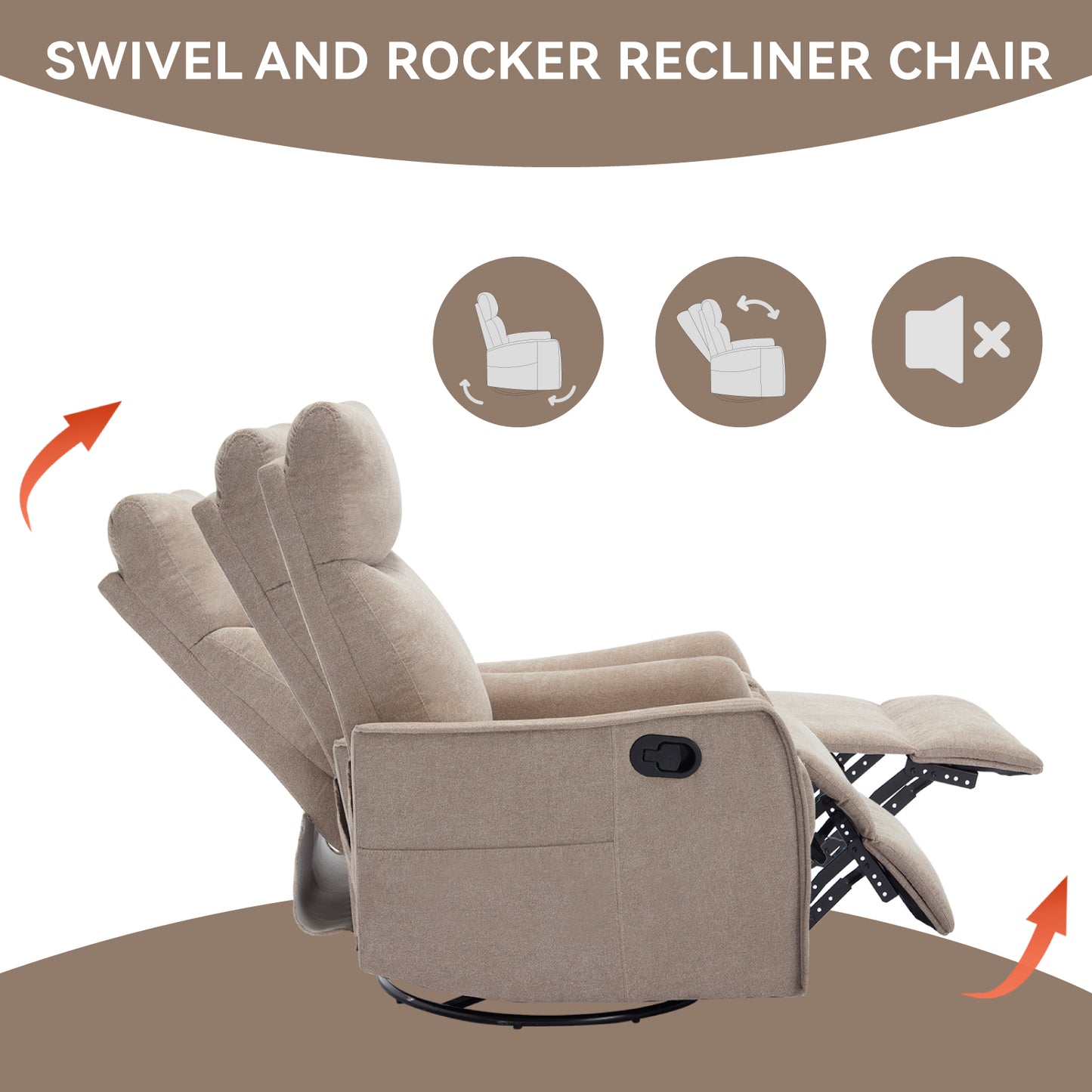 Heat Massage Manual Recliner Chair with Rocker and Swivel in Fabric for Living Room, Khaki image 7