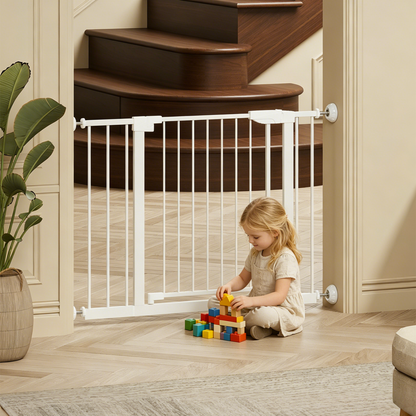29.5-45.3" Wide Baby Gate with wall protector for Stairs, Dog Gate Indoor for Doorways, No Drilling Pressure Mounted Pet Gates for Kids, Easy Walk Through Safety Gate, White image 11