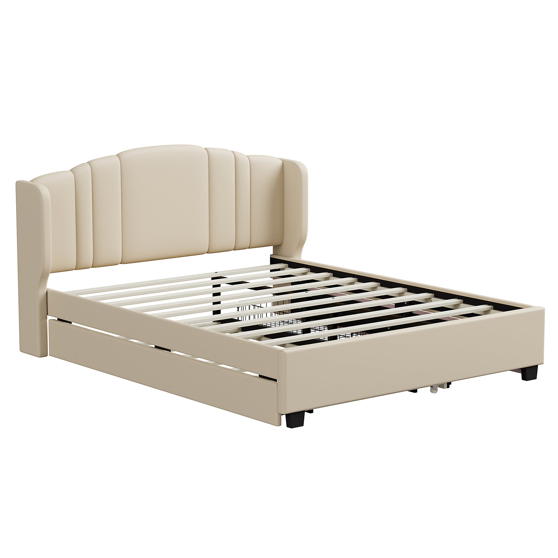 Upholstered Platform Bed with Wingback Headboard, One Twin Trundle and 2 Drawers, No Box Spring Needed, Linen Fabric, Queen Size, Beige image 5